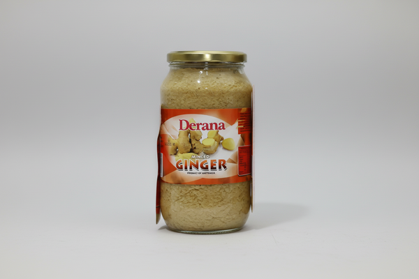 Jar of minced ginger with Derana label on a white background